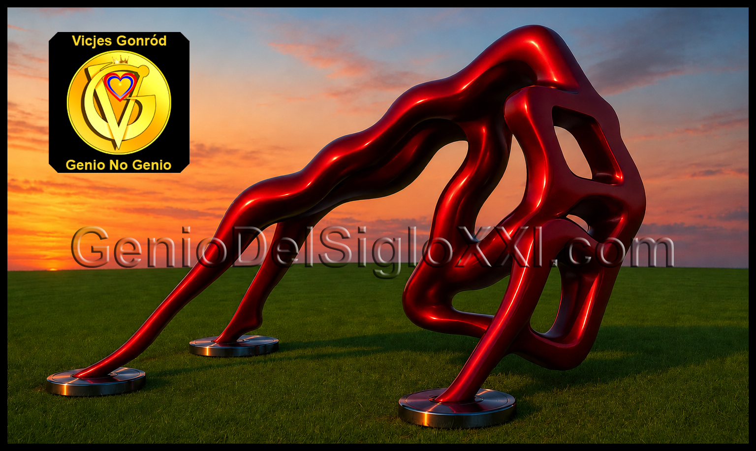 Escultura metálica roja de Vicjes Gonród, figura humanoide contorsionada en arco ascendente, creada bajo el Supraarte y el Arte C.C.C.C., representación de elevación consciente y energía espiritual.