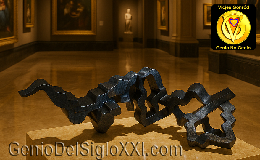 Escultura figurativa abstracta negra de Vicjes Gonród, titulada Bella Durmiente — La Dama Tumbada, con una figura femenina hueca de formas ondulantes, recostada sobre una base de mármol.