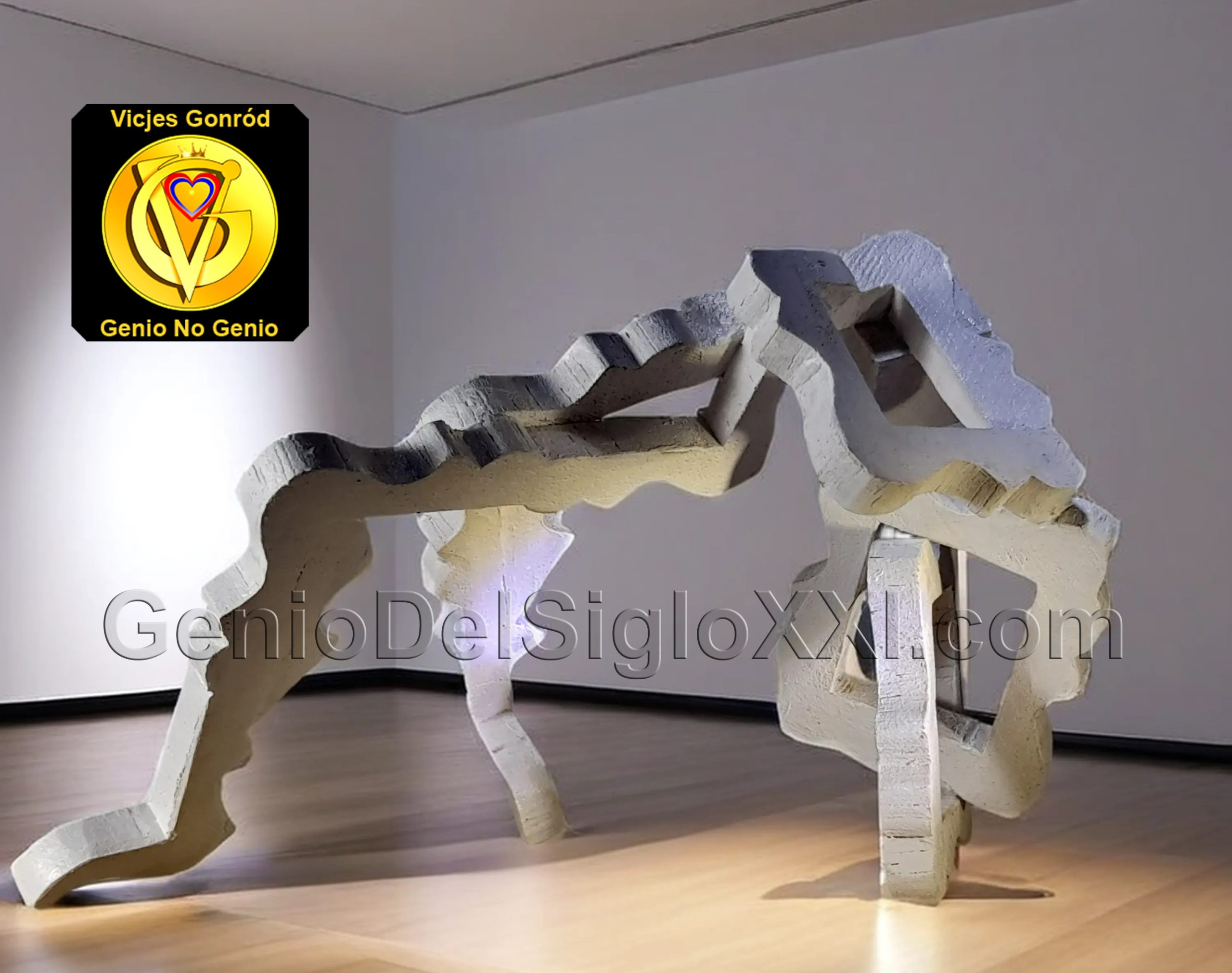 Escultura figurativa abstracta de Vicjes Gonród, en blanco y de estética brutalista, que representa una figura femenina adulta en una contorsión arqueada, con el tronco y la cadera elevados hacia el cielo.
