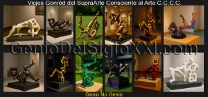Doce esculturas figurativo‑abstractas de Vicjes Gonród en metal y mármol, creadas bajo el SupraArte y el Arte C.C.C.C., mostrando personajes simbólicos y gestos de conciencia elevada.
