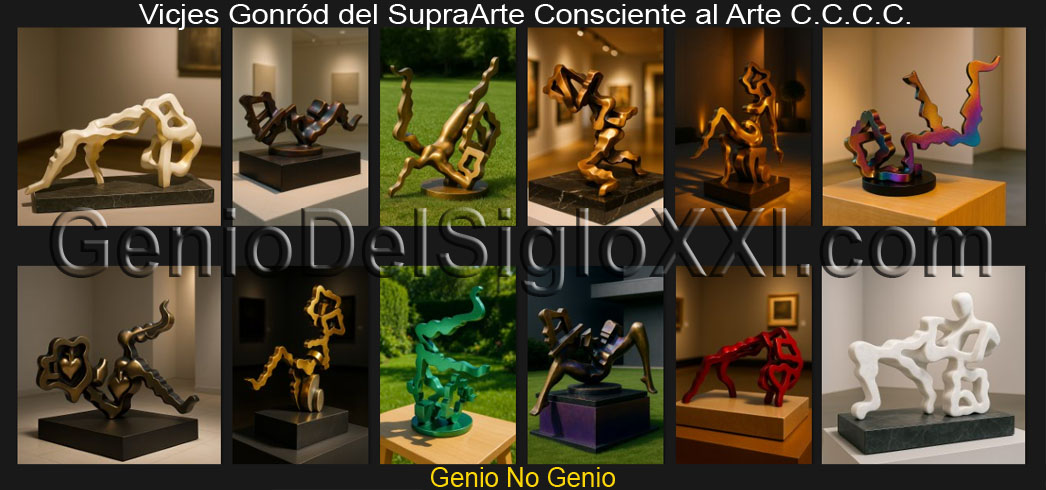 Doce esculturas figurativo‑abstractas de Vicjes Gonród en metal y mármol, creadas bajo el SupraArte y el Arte C.C.C.C., mostrando personajes simbólicos y gestos de conciencia elevada.