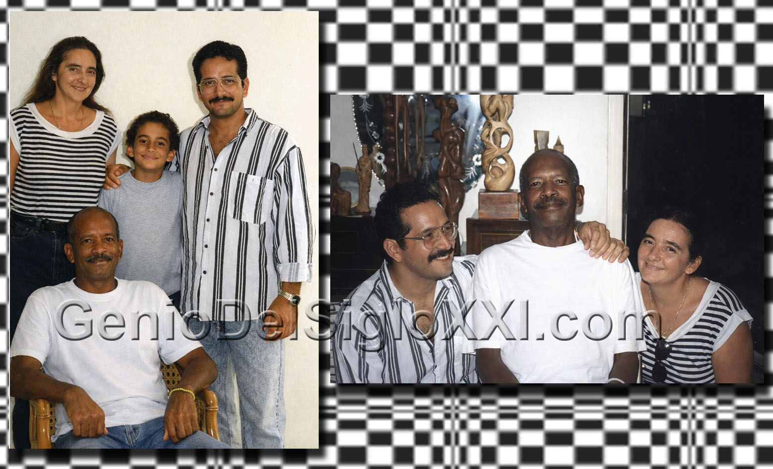 Retrato histórico de Agustín Cárdenas y Vicjes Gonród junto a la familia Cárdenas durante una visita al estudio del joven escultor en 1994, testimonio del linaje directo, la complicidad creativa y la transmisión magistral que definió la formación de Gonród.
