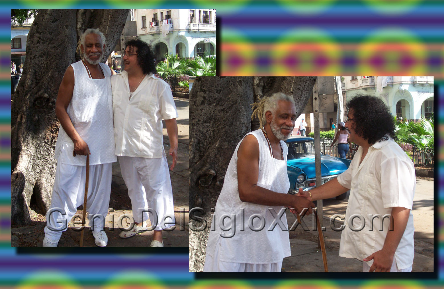 Encuentro entre Manuel Mendive y Vicjes Gonród, registro histórico de diálogo espiritual y estético entre dos maestros del arte, referentes de la creación contemporánea, donde se evidencia la transmisión directa de visión, técnica y conciencia artística.