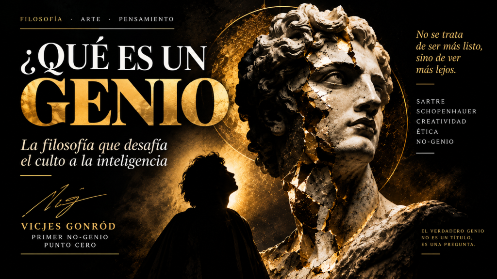 Portada conceptual sobre la filosofía del genio y el paradigma del No-Genio de Vicjes Gonród, con un busto clásico de mármol fracturado en dorado y una figura humana contemplándolo.